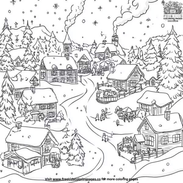 Winter village scene coloring pages