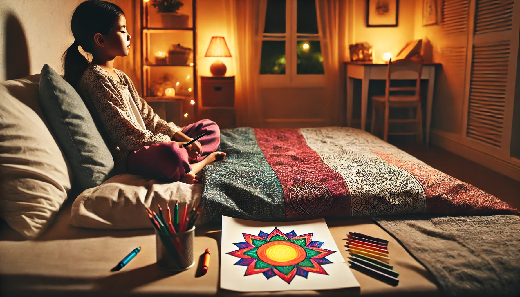Sun Coloring Pages A serene and cozy bedtime scene showing a child sitting cross legged on their bed, coloring a sun coloring page.