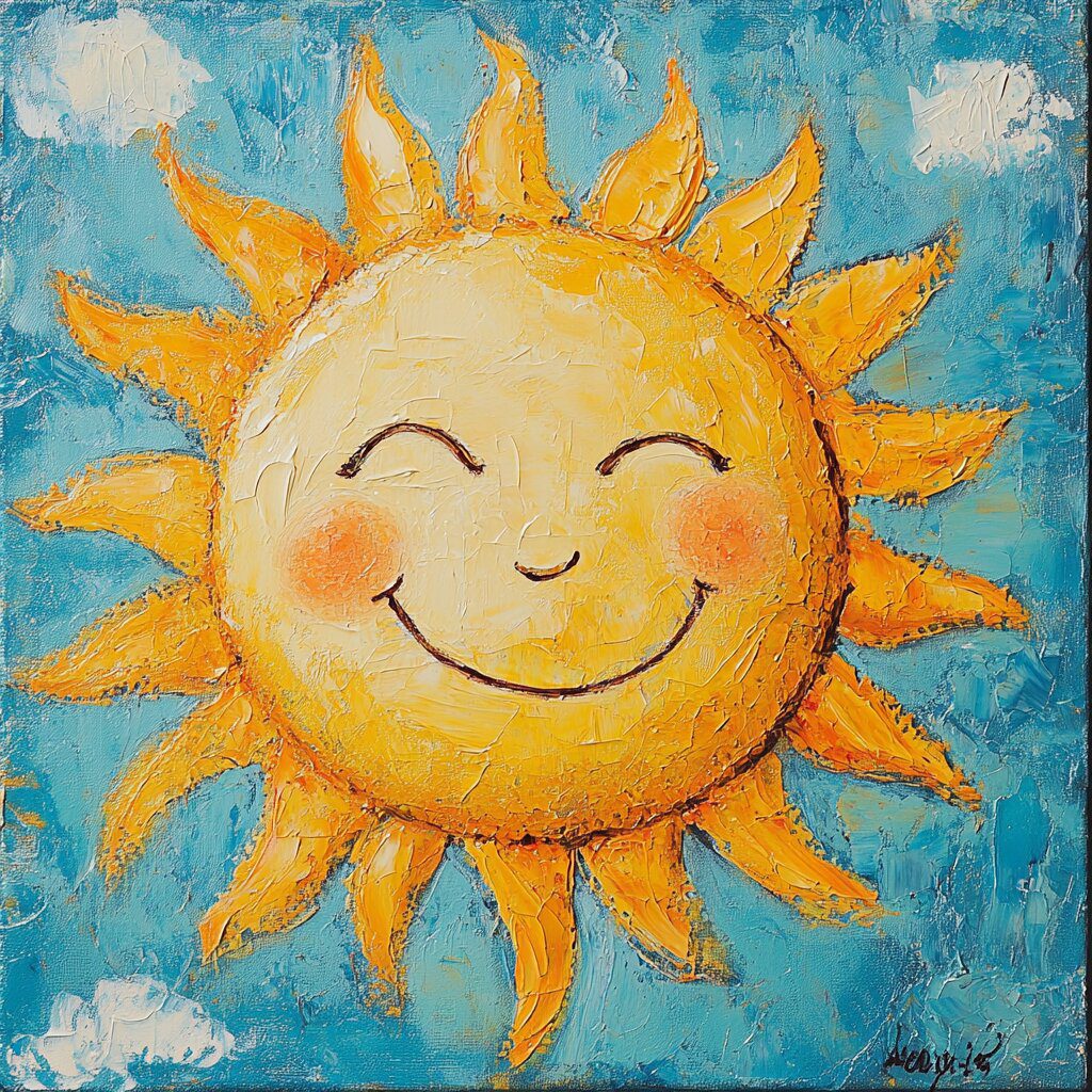 Create a square image of a kid friendly/childlike image of a sun 28bf471449aa 2